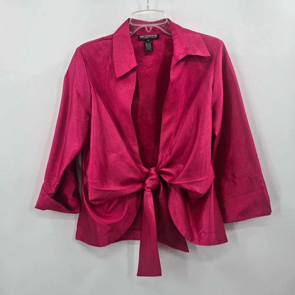 Mishca Blouse Womens Medium Fuchsia Pink Faux Silk Tie Front 3/4 Sleeve Top